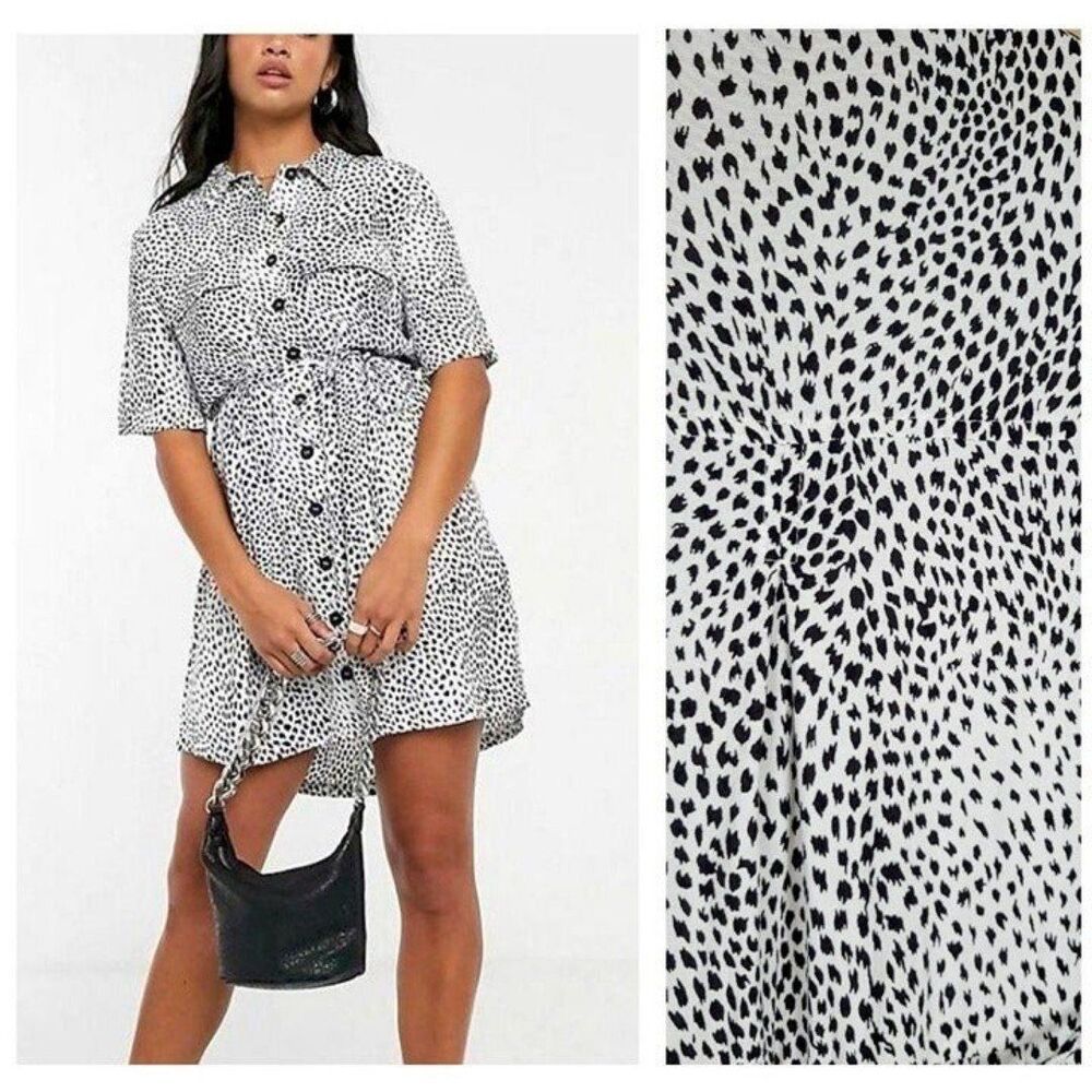 Topshop Size 4 Grunge Spot Print Mini Shirt Dress Viscose Black White